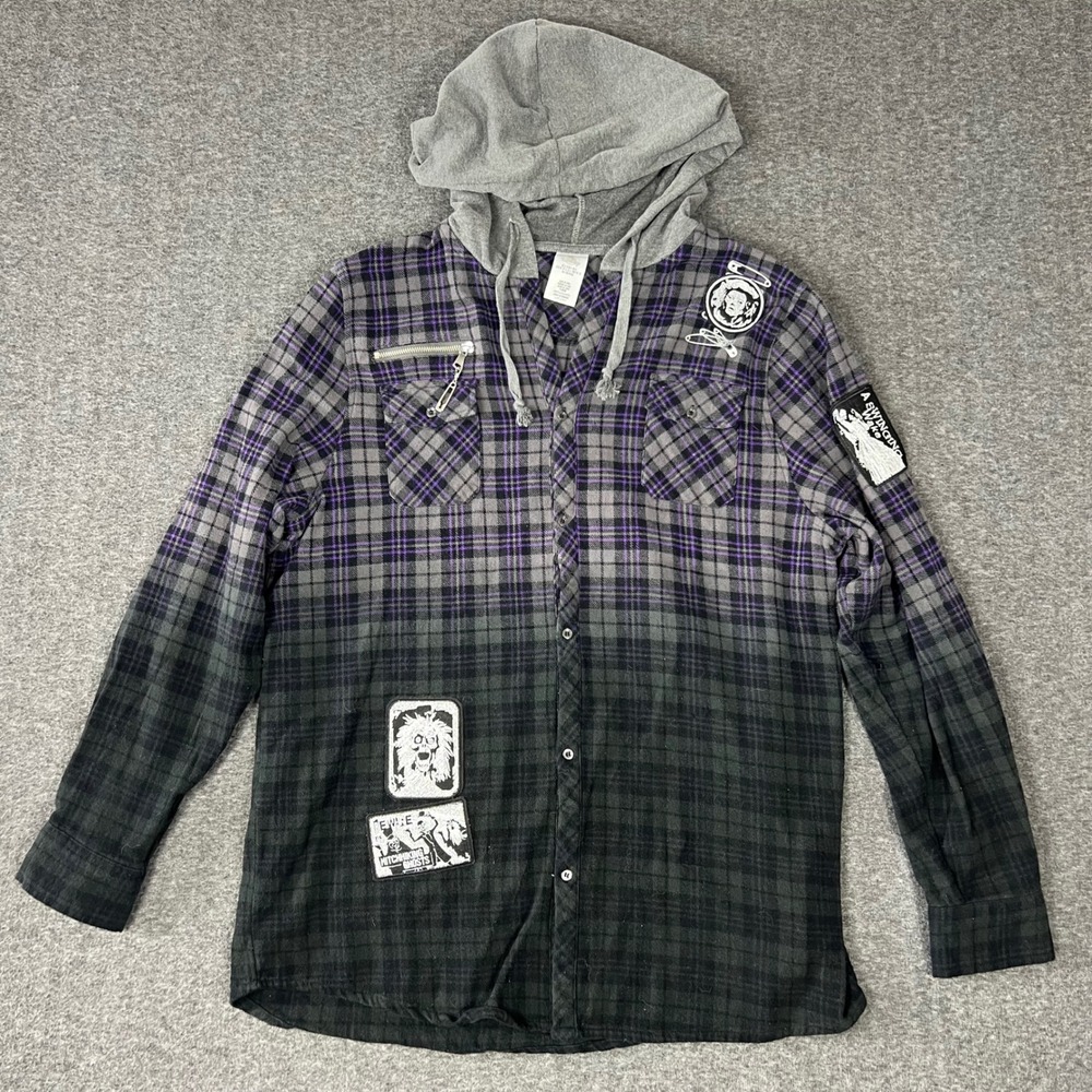 Disney Parks Haunted Mansion Hooded Flannel Large Purple Black Ombre Patchwork
